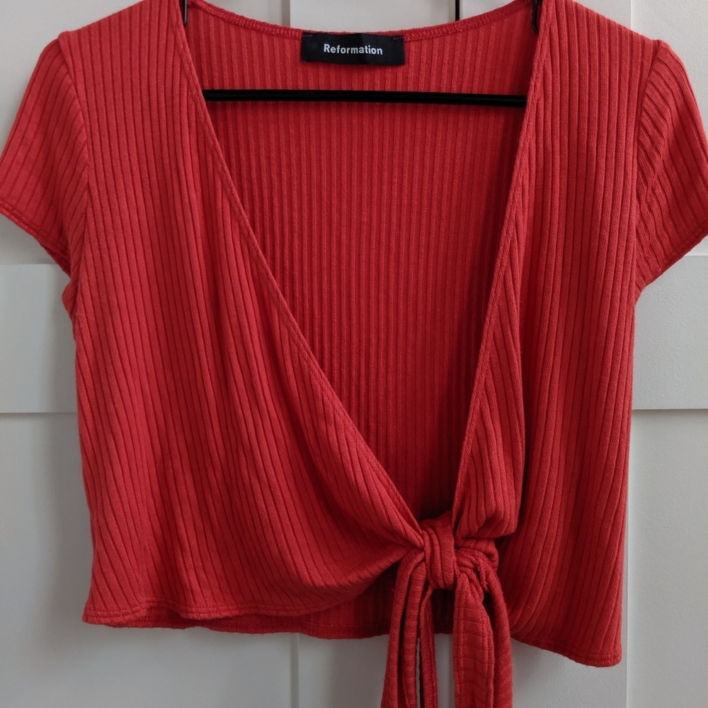 Reformation Coral Red Ribbed Tie-Front Crop Top